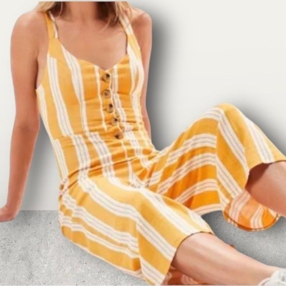 PacSun Pants - PacSun Kendall & Kylie Yellow Striped Linen Blend Jumpsuit Size Large Wide Leg